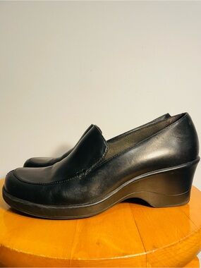 Clarks Black Leather Wedge Slip-Ons for Women